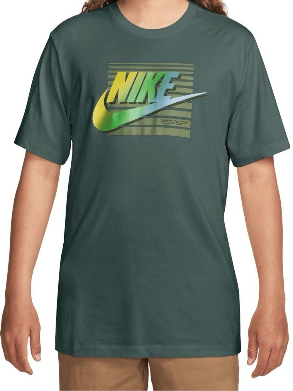 Nike Men's Forest Green Short Sleeve Logo Tee with Yellow-Green Gradient